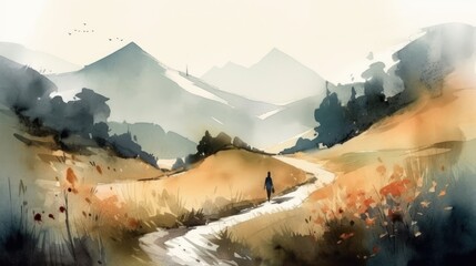 Travel illustration. Sunset in the mountains. Art, minimalism, romanticism, watercolors, pastels. Generative AI. 