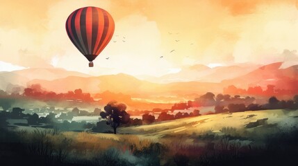 Obraz premium Travel illustration. Hot air balloon in the sky. Art, minimalism, romanticism, watercolors, pastels. Generative AI.