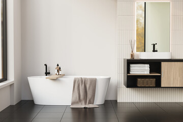 Naklejka na ściany i meble 3D modern bathroom interior with bathtub. 3D rendering of bathtub on tiles floor with sink against white wall. 3D illustration.