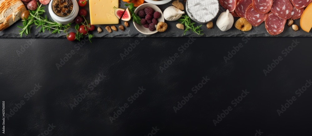Aufkleber Assorted cheese and meat appetizers presented on a dark slate background with a side border and copy space.