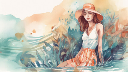 Travel illustration. Woman in a hat. Art, minimalism, romanticism, watercolors, pastels. Generative AI.