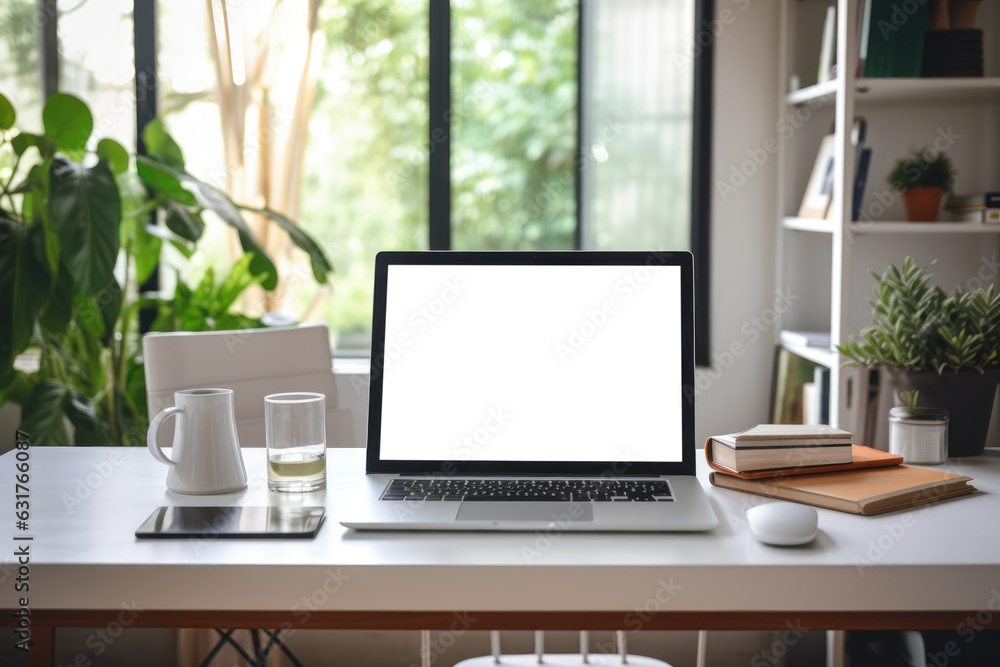 Poster workspace with computer and supply on table, empty screen computer with generate ai.