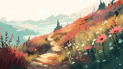 Travel illustration. Landscape with mountains and flowers . Art, minimalism, romanticism, watercolors, pastels. Generative AI. 