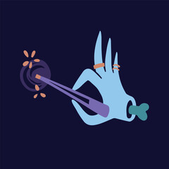 Zombie wizard's hand holds a magic wand and makes spells. Vector simple doodle outline style.