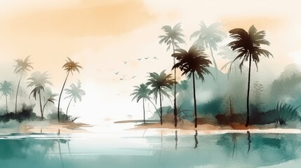 Fototapeta na wymiar Travel illustration. Tropical island with palm trees. Art, minimalism, romanticism, watercolors, pastels. Generative AI.
