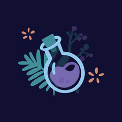 Vial with potion, magic theme, mixing ingredients, magician. Simple vector doodle style, outline.