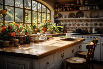 interior of stylish and vintage kitchen of old house in village
