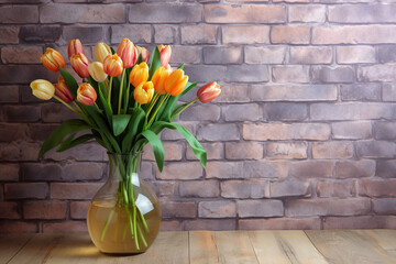 Elegant Glass Vase with Bouquet of Beautiful Tulips on Brick Wall Background - Created with Generative AI Tools
