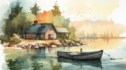 Fototapeta premium Travel illustration. House on the lake . Art, minimalism, romanticism, watercolors, pastels. Generative AI.