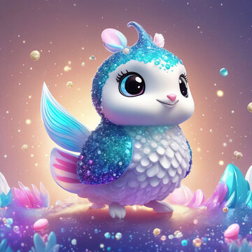 cartoon cute cute owl with a pink wings. 3 d illustration