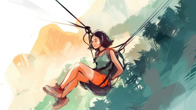 Travel illustration. Mountain climber. Art, minimalism, romanticism, watercolors, pastels. Generative AI.