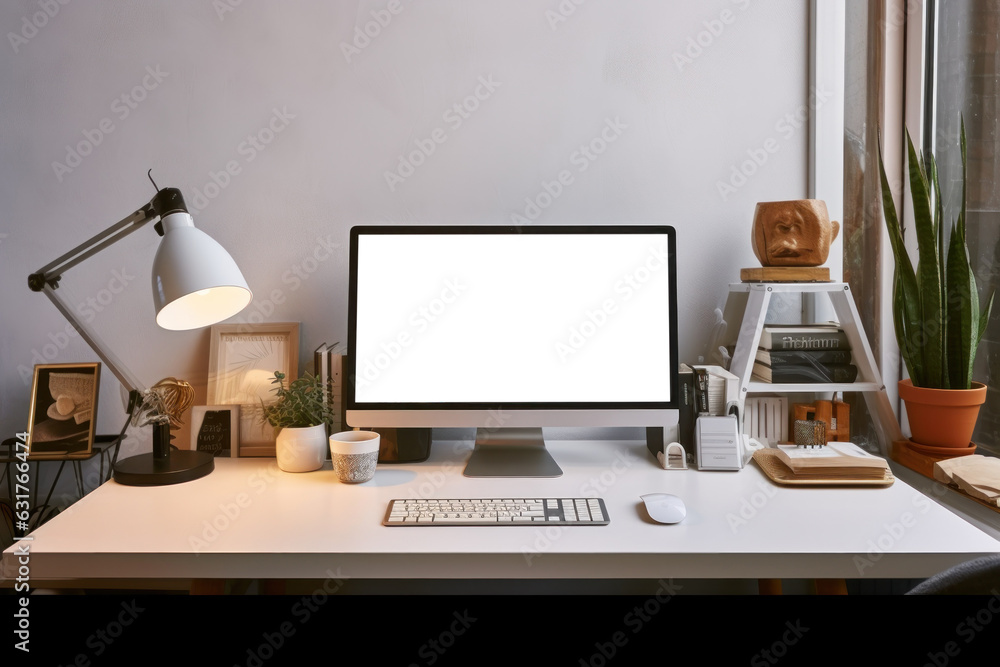Poster Workspace with computer and supply on table, Empty screen computer with Generate Ai.