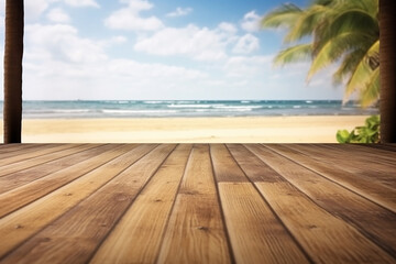 Fototapeta premium Serenely Blurred Tropical Sandy Beach with Cool Sea Background and Wooden Floor Foreground on the Horizon - Created with Generative AI Tools