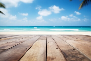 Serenely Blurred Tropical Sandy Beach with Cool Sea Background and Wooden Floor Foreground on the Horizon - Created with Generative AI Tools