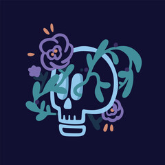 Skull with flowers and plants that wrap around it. Old old school style. Vector simple doodle style, festival of the dead, outline simple, tattoo.