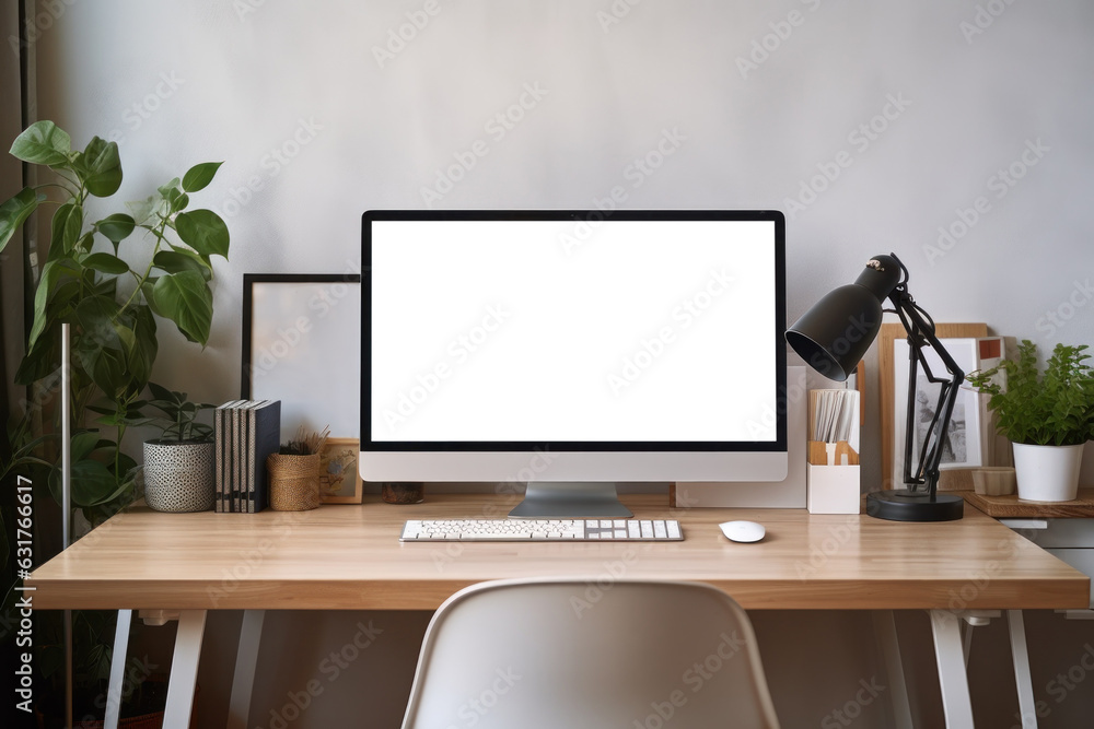Poster Workspace with computer and supply on table, Empty screen computer with Generate Ai.