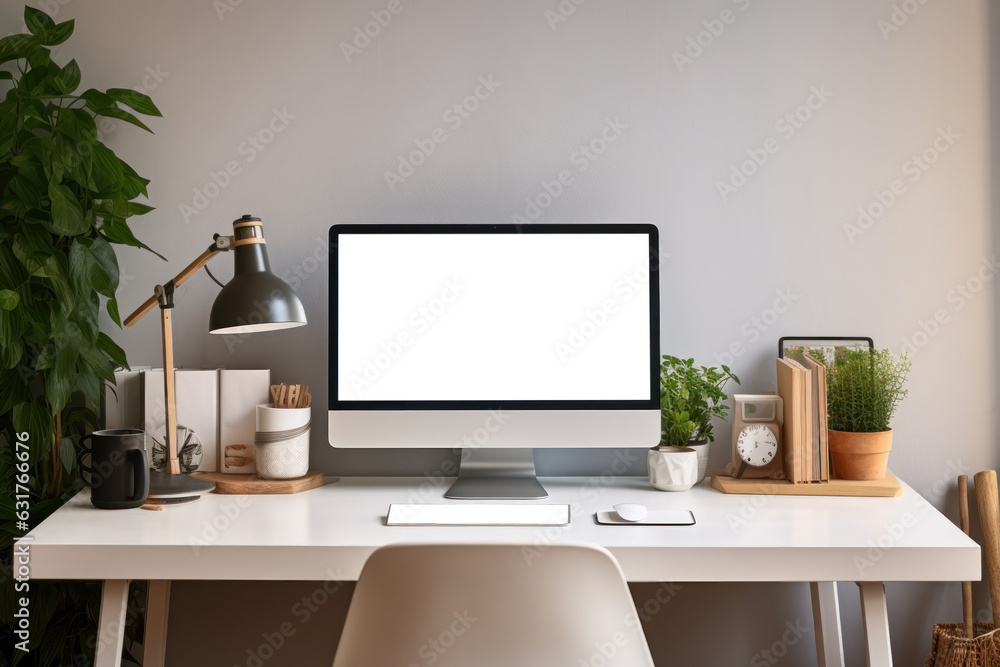 Fototapete Workspace with computer and supply on table, Empty screen computer with Generate Ai.
