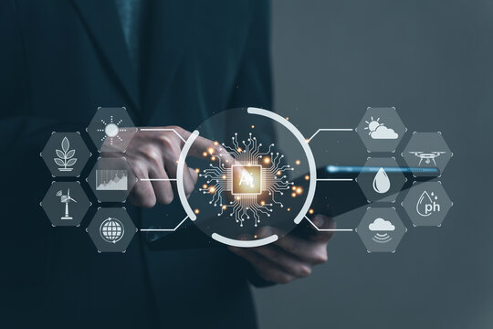 Artificial intelligence (Ai) Smart farmer technology. Ordering through a remote system with computer. Climate forecasting, moisture measurement, plant growth. Man touching tablet and virtual screen