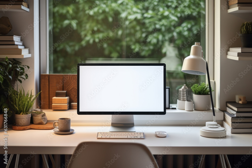 Fototapete Workspace with computer and supply on table, Empty screen computer with Generate Ai.