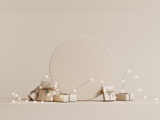 3d render of Christmas card. Festive pastel background with Christmas wreath, gifts and garland. Modern minimalist podium, showcase for product presentations and advertising. Happy New Year banner.