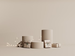 3d render of Christmas card. Festive pastel background with Christmas wreath, gifts and garland. Modern minimalist podium, showcase for product presentations and advertising. Happy New Year banner.