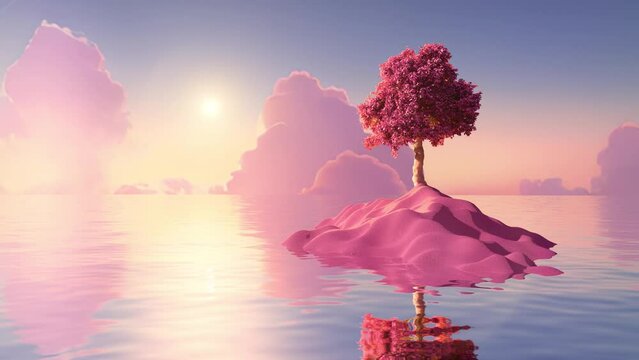 3D animation - Relaxing scene of otherworldly seascape with island and pink tree at sunset animated in seamless loop