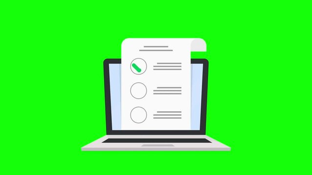 Online survey on laptop. Customer experience feedback concept. Correct answer on computer test. Finance business checklist clipboard