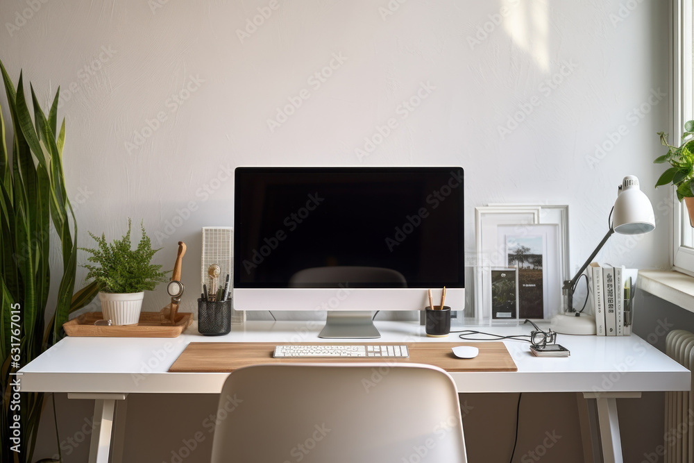 Fototapete Workspace with computer and supply on table, Empty screen computer with Generate Ai.