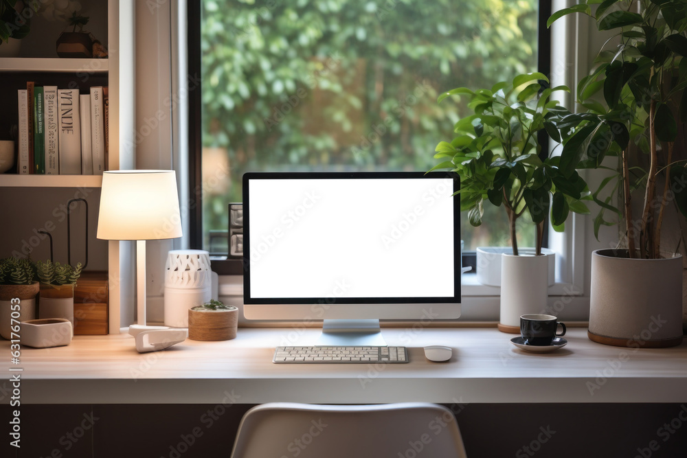 Poster Workspace with computer and supply on table, Empty screen computer with Generate Ai.