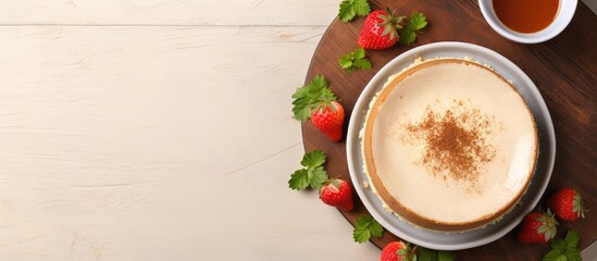 A homemade cheesecake with fresh strawberries on top, served with coffee as a healthy organic summer berry dessert. top view with copy space included.