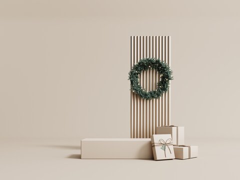 3d render of Christmas card. Festive pastel background with Christmas wreath, gifts and garland. Modern minimalist podium, showcase for product presentations and advertising. Happy New Year banner.