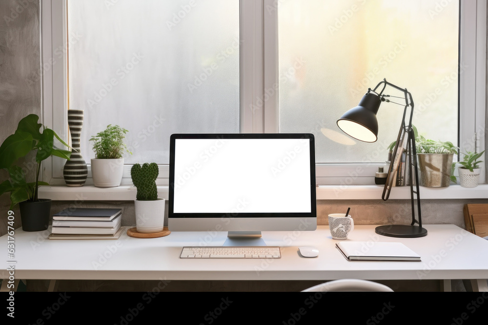 Poster Workspace with computer and supply on table, Empty screen computer with Generate Ai.