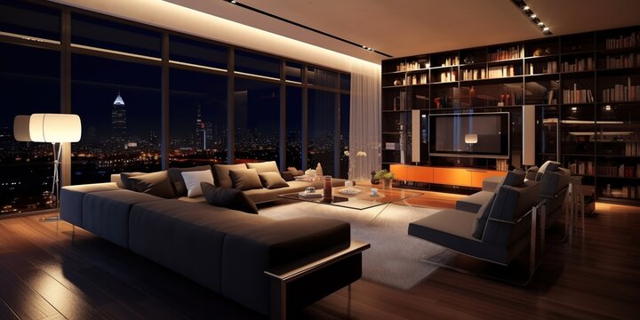 Modern interior of the living room at night