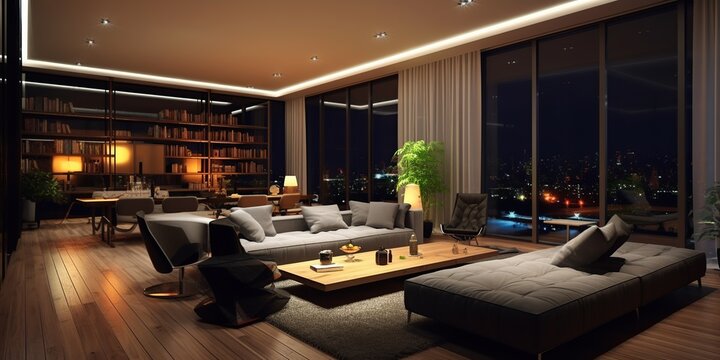 Modern interior of the living room at night