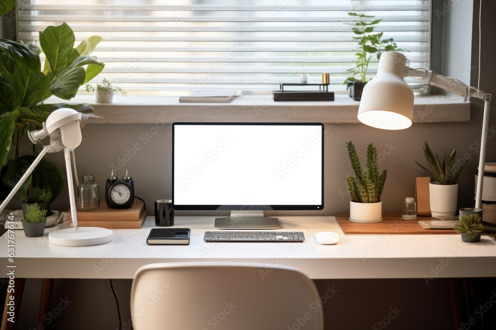 Poster Workspace with computer and supply on table, Empty screen computer with Generate Ai.