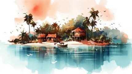 Travel illustration. French Polynesia. Art, minimalism, romanticism, watercolors, pastels. Generative AI.