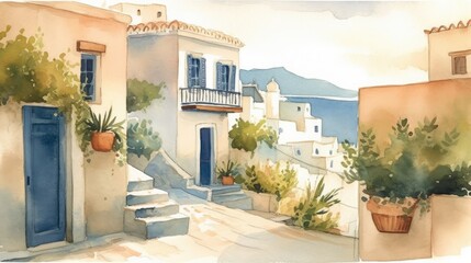 Fototapeta na wymiar Travel illustration. Greece. Art, minimalism, romanticism, watercolors, pastels. Generative AI.