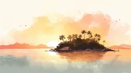 Travel illustration. Hawaiian islands. Art, minimalism, romanticism, watercolors, pastels. Generative AI.