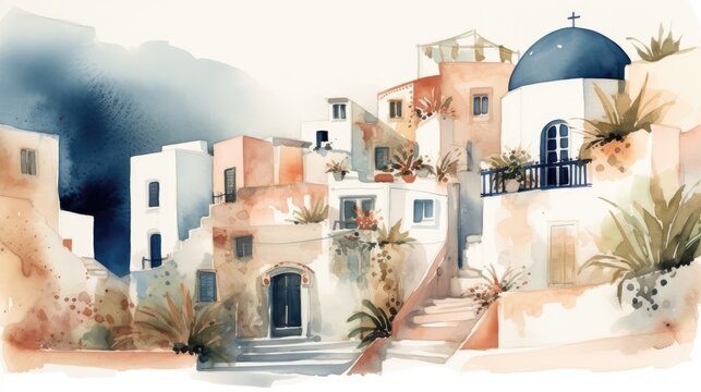 Fototapeta Travel illustration. Greece. Art, minimalism, romanticism, watercolors, pastels. Generative AI.