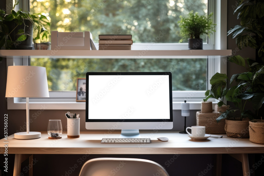Poster Workspace with computer and supply on table, Empty screen computer with Generate Ai.