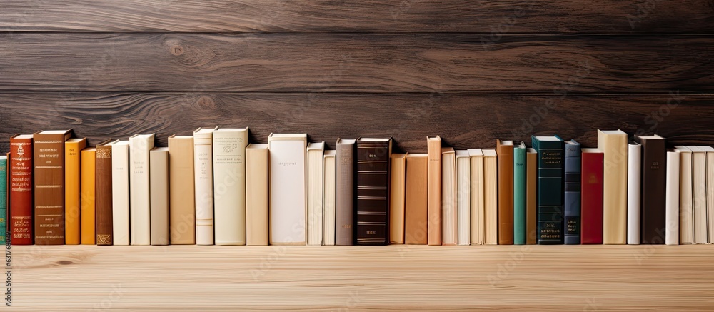 Poster Different books placed on a wooden floor with a brown wood parquet background. empty space available for writing or inscriptions. This setup is a back to school idea and the books are spread around.