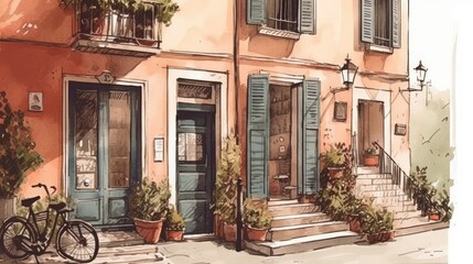 Fototapeta na wymiar Travel illustration. Italy. Art, minimalism, romanticism, watercolors, pastels. Generative AI.