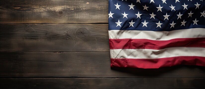 American Independence Day, also known as the 4th of July, is celebrated with the American flag displayed on a black old rustic wooden background. This image can be used for Memorial Day or Martin