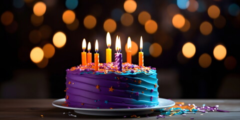 blue and purple birthday cake with candles and confetti with bokeh lights in dark background