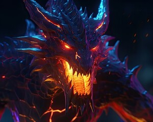 Obraz premium A magnificent blue dragon with fiery red eyes appears. (Generative AI)