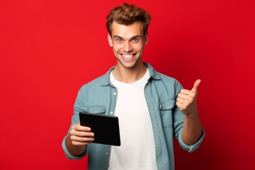 Holding tablet, thumb up, Caucasian young disabled man's portrait on red studio background, Beautiful model in casual style, Concept of human emotions, facial expression, sales, ad, inclusion - obrazy, fototapety, plakaty
