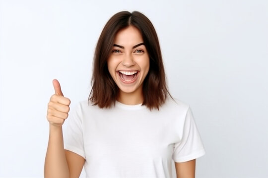 Horizontal shot of cheerful woman clenches fist and bites lips points index finger at copy space celebrates positive news dressed in casual t shirt isolated over white background, Wow great offer