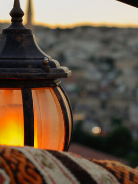 lantern with sunset in the backround