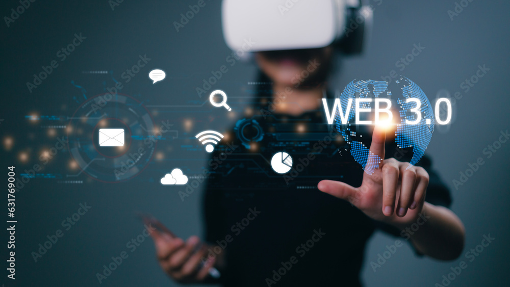 Poster woman wearing vr glasses and touching web 3.0 on a futuristic screen. technology and web 3.0 concept