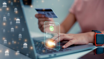  Women use hold credit cards and pay via mobile banking for online shopping technology icons. Digital banking internet payment online shopping and financial technology concepts.
